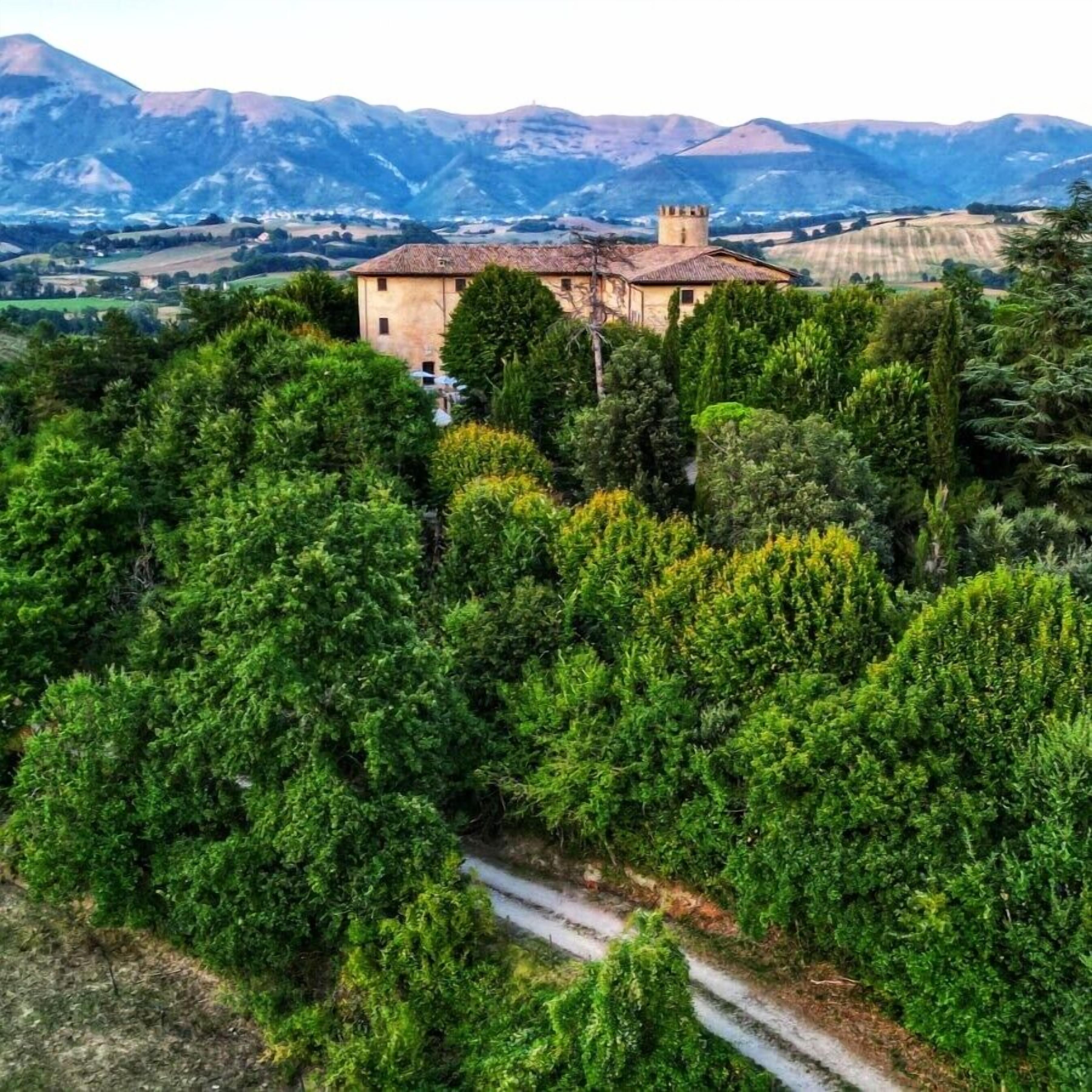 A rustic stone building surrounded by dense greenery and a mountain backdrop.