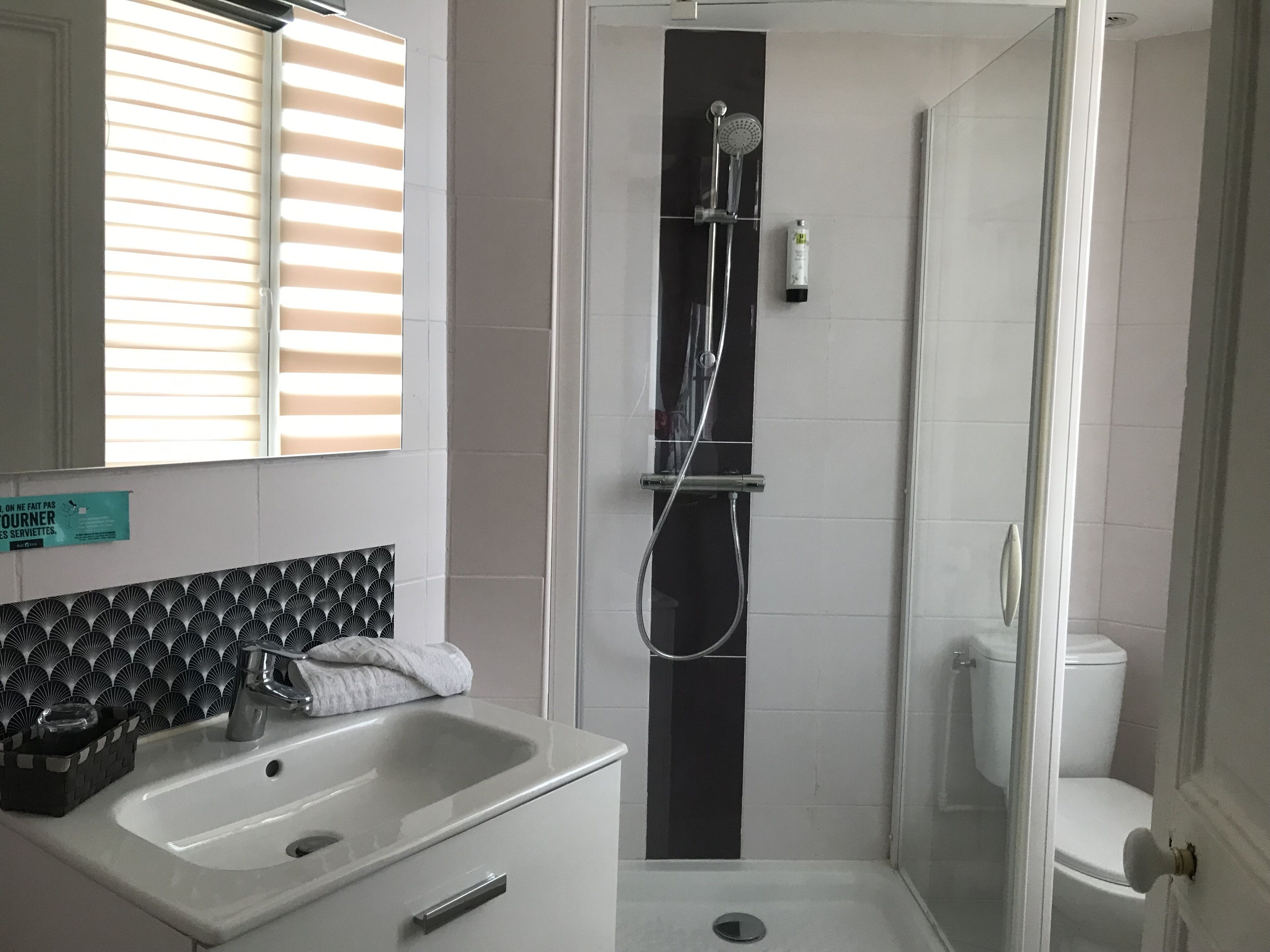 Une salle de bain avec douche, toilettes et lavabo.