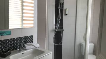 Une salle de bain avec douche, toilettes et lavabo.