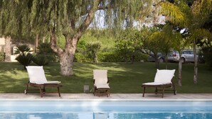 A poolside area with two lounge chairs and a palm tree. - B&B Villaseta (Agrigento)