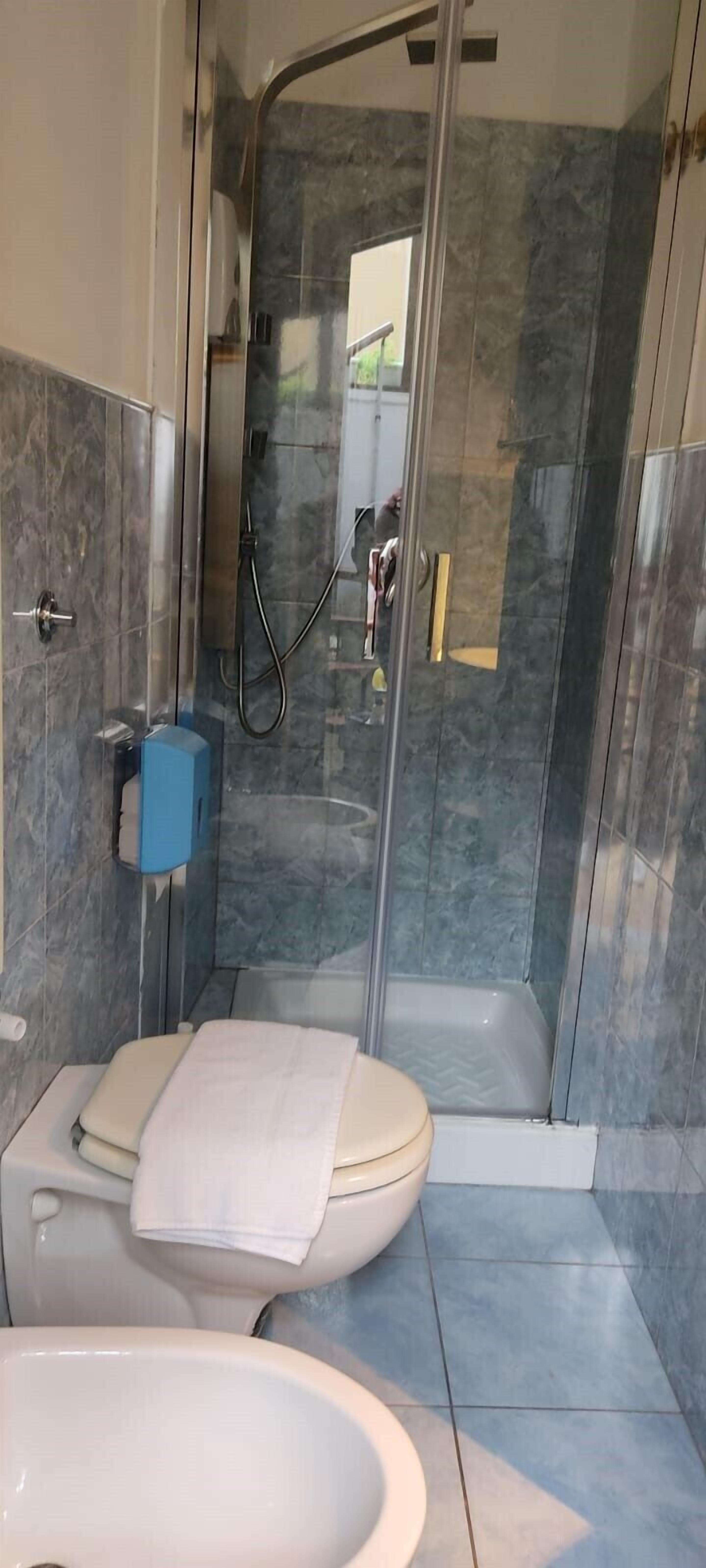 A modern bathroom with a glass-enclosed shower, a toilet, and a bidet.