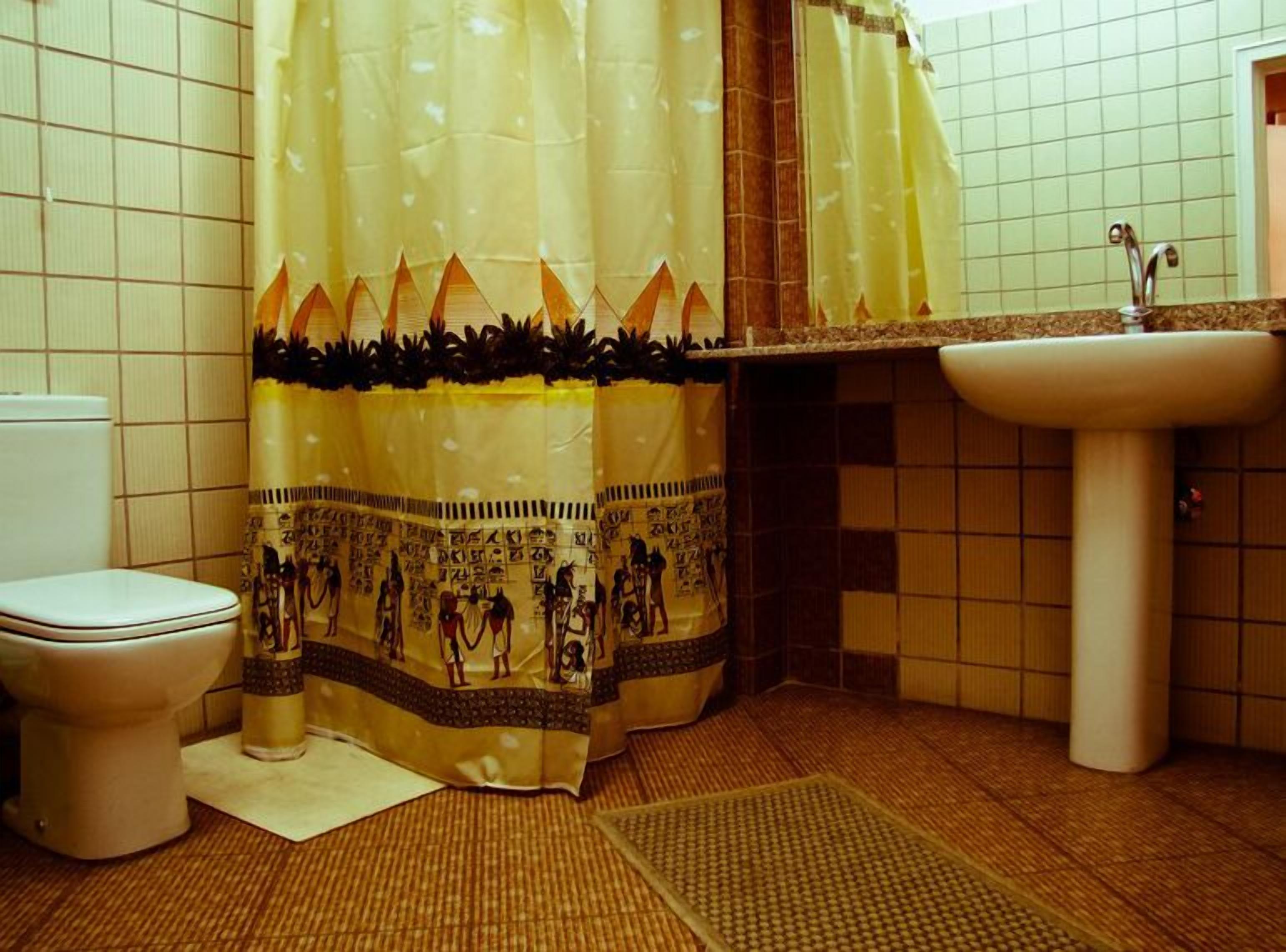 A bathroom with a toilet, a sink, and a shower curtain with ancient Egyptian designs.