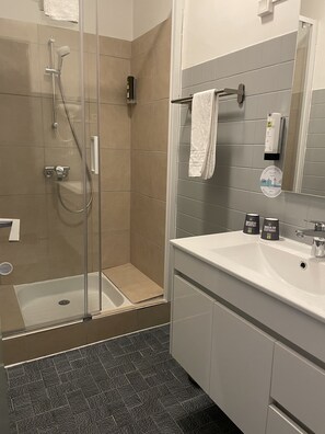 Klassieke driepersoonskamer | Badkamer | Een douche, een regendouche,  milieuvriendelijk toiletgerief