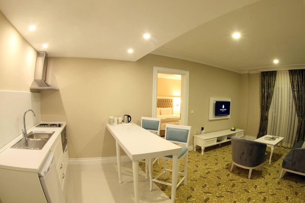 A compact hotel room with a kitchenette, a dining area, a TV, and a seating area with a patterned carpet.