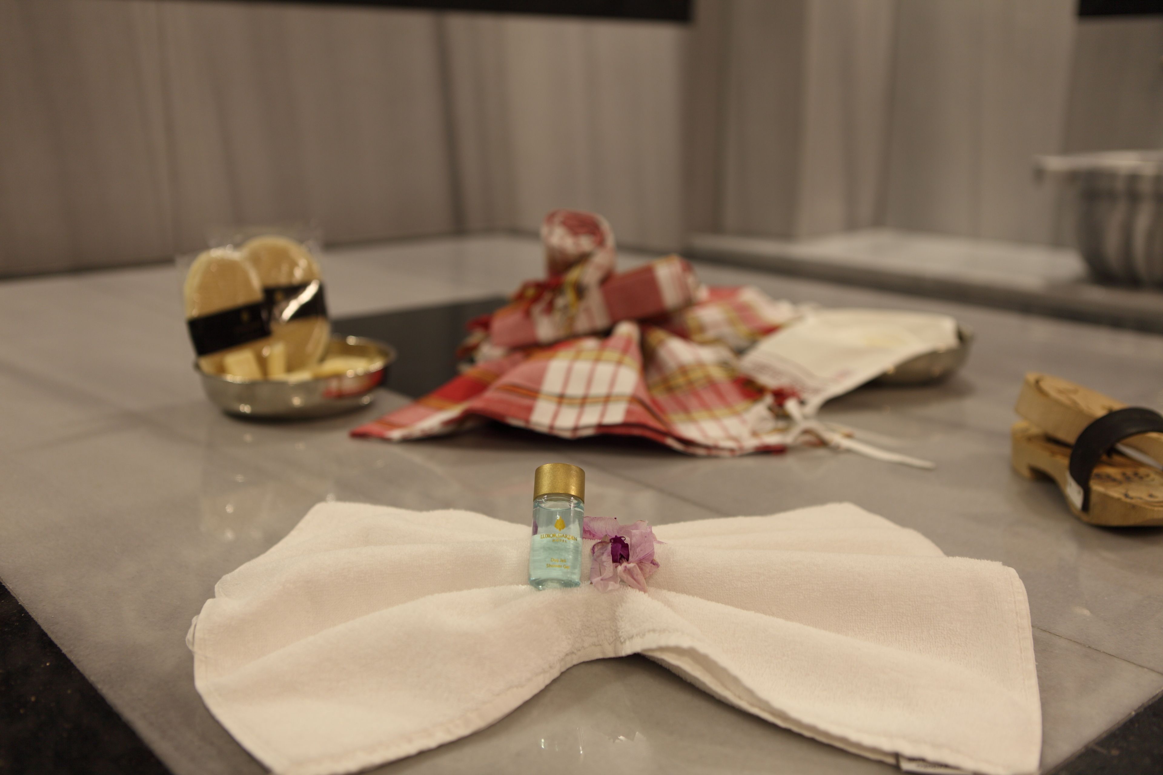 free toiletries, hair dryer, slippers, towels