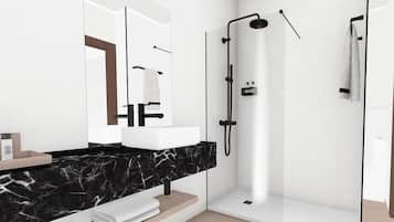Combined shower/bathtub, free toiletries, hair dryer, towels