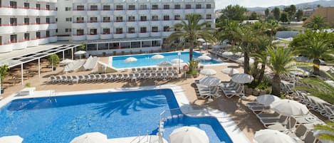 2 outdoor pools, open 10:00 AM to 8:00 PM, pool umbrellas, pool loungers