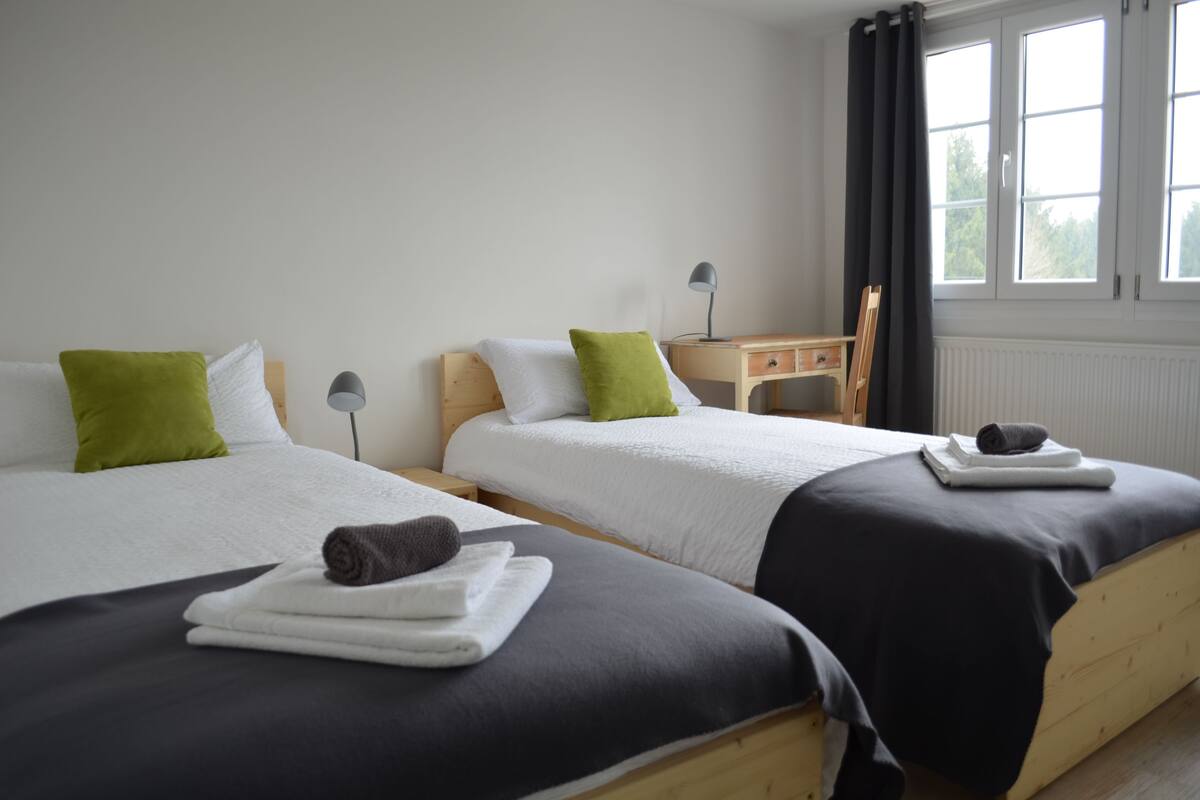 Two single beds with white and black bedding, green pillows, and a wooden nightstand with a lamp between them.
