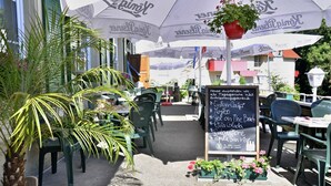 Un café al aire libre con mesas, sillas, sombrillas y plantas en macetas.