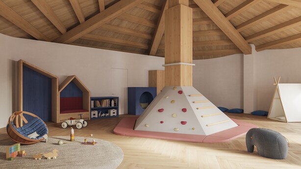 Une salle de jeux pour enfants avec un plafond en bois, un mur d’escalade, une bibliothèque, un fauteuil à bascule et une maisonnette.