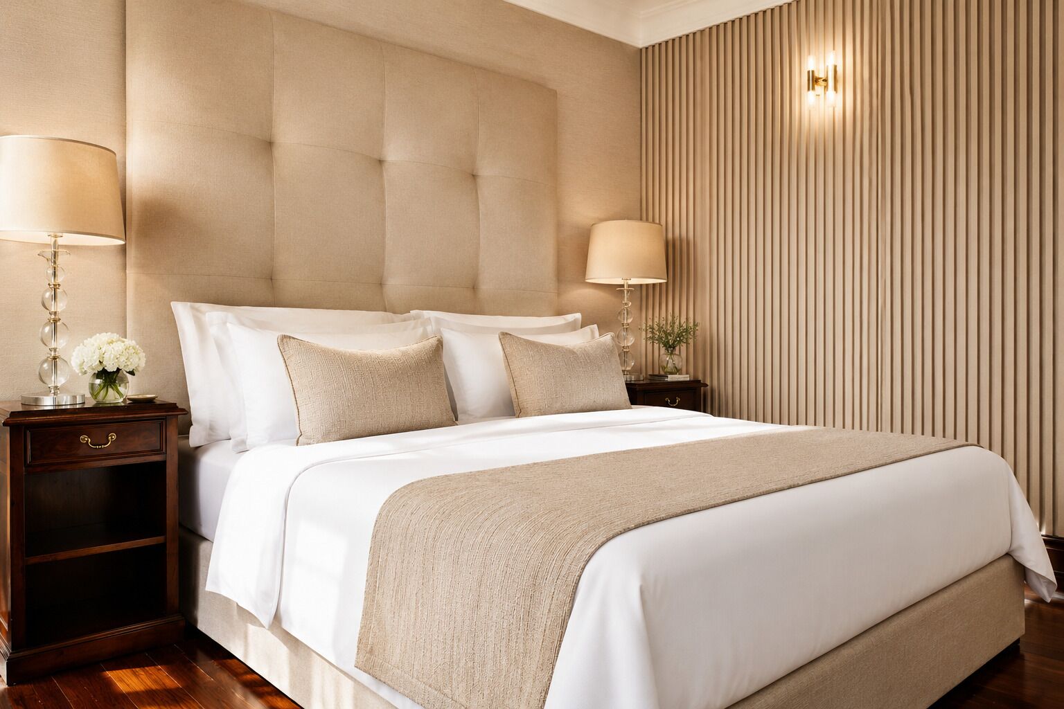 A large bed with a tufted headboard, two bedside tables with lamps, and a wall with vertical blinds.