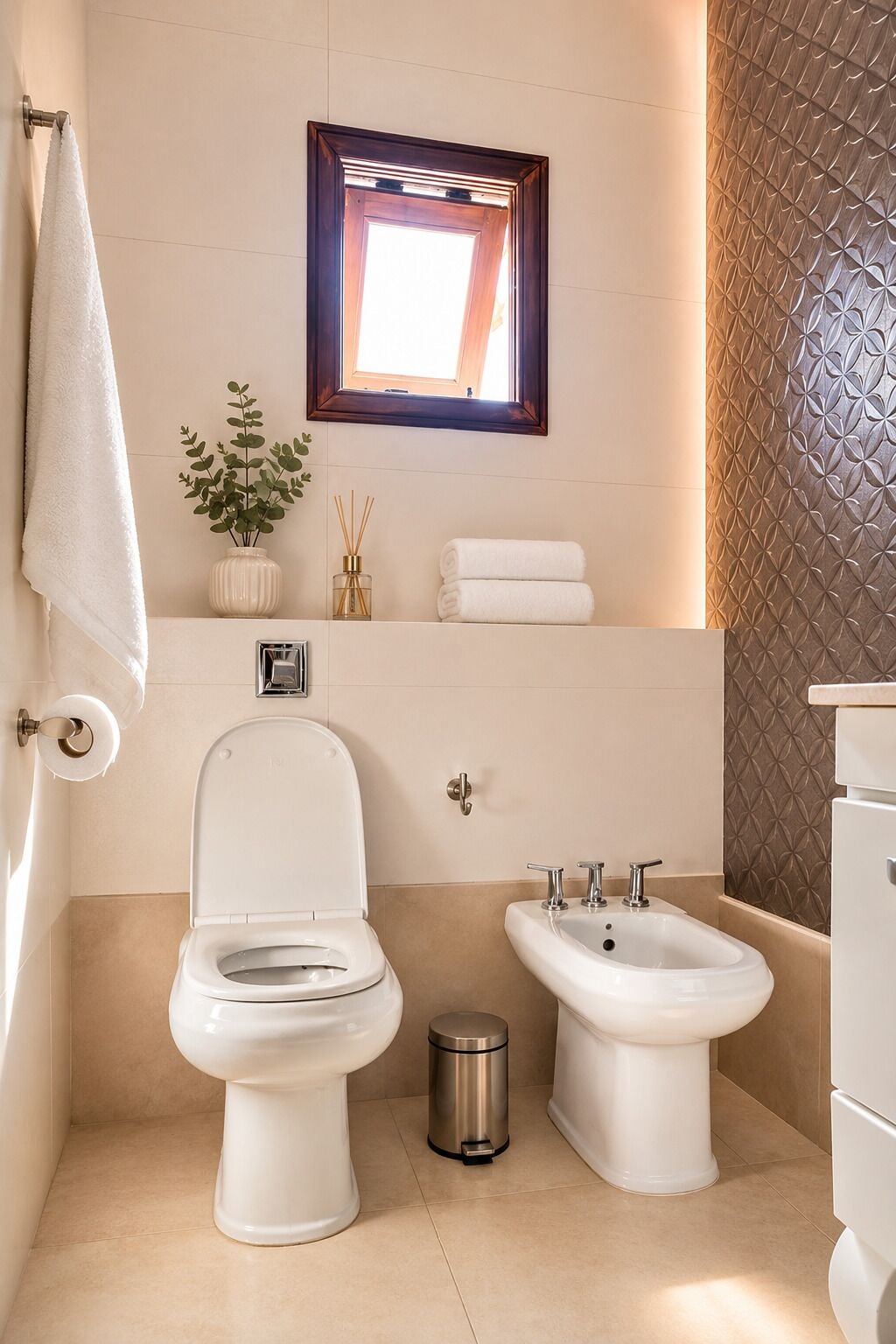 Un baño con inodoro, bidé, cubo de basura, toallero y una ventana pequeña.