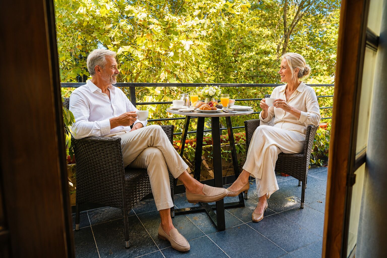 Two people seated at an outdoor table with a garden view, a small round table, and a chair.