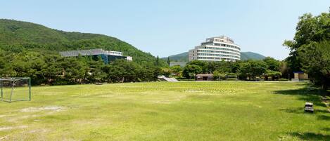 A hotel with a modern design, surrounded by lush greenery and hills.