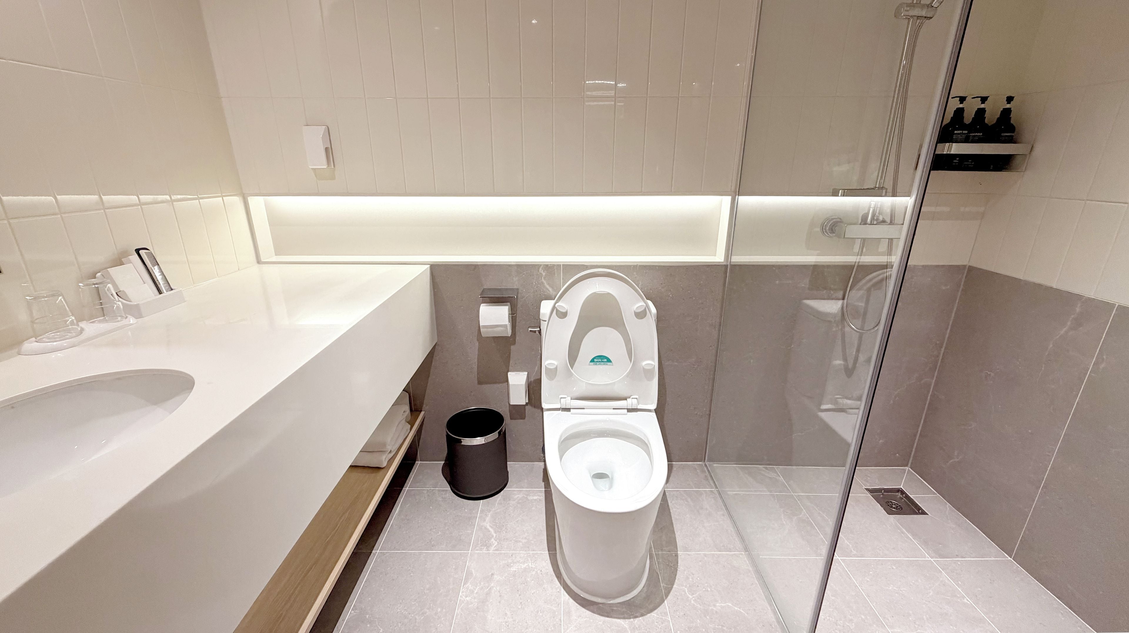 A modern bathroom with a white toilet, a glass shower enclosure, and a white sink with a mirror.