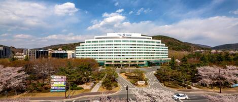 The K Hotel with a modern design, a central courtyard, and cherry blossom trees.