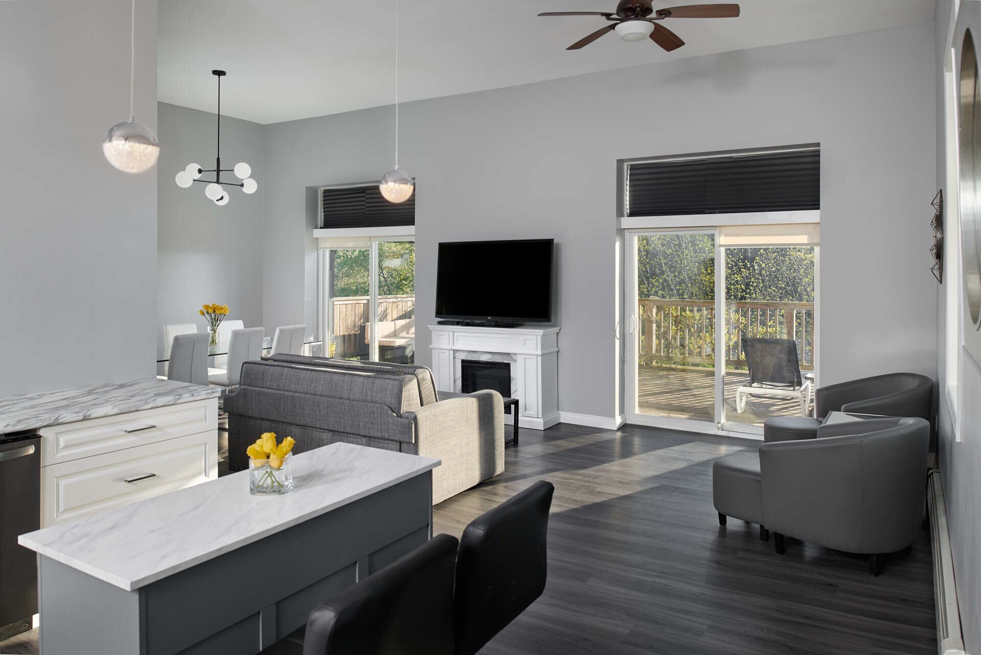 premium suite, 2 bedrooms, river view | living area | flat-screen tv, fireplace, dvd player