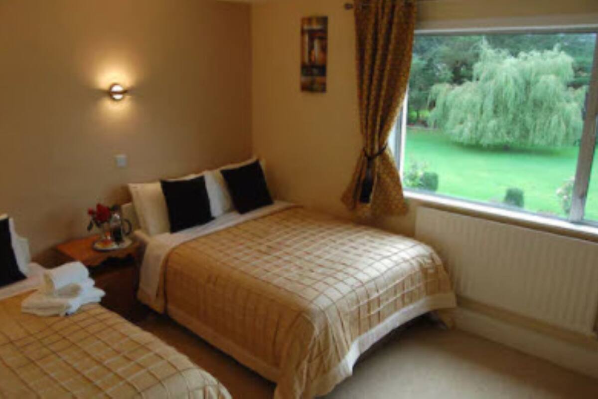 A hotel room with two beds, a nightstand with a lamp, a window with curtains, and a view of greenery outside.