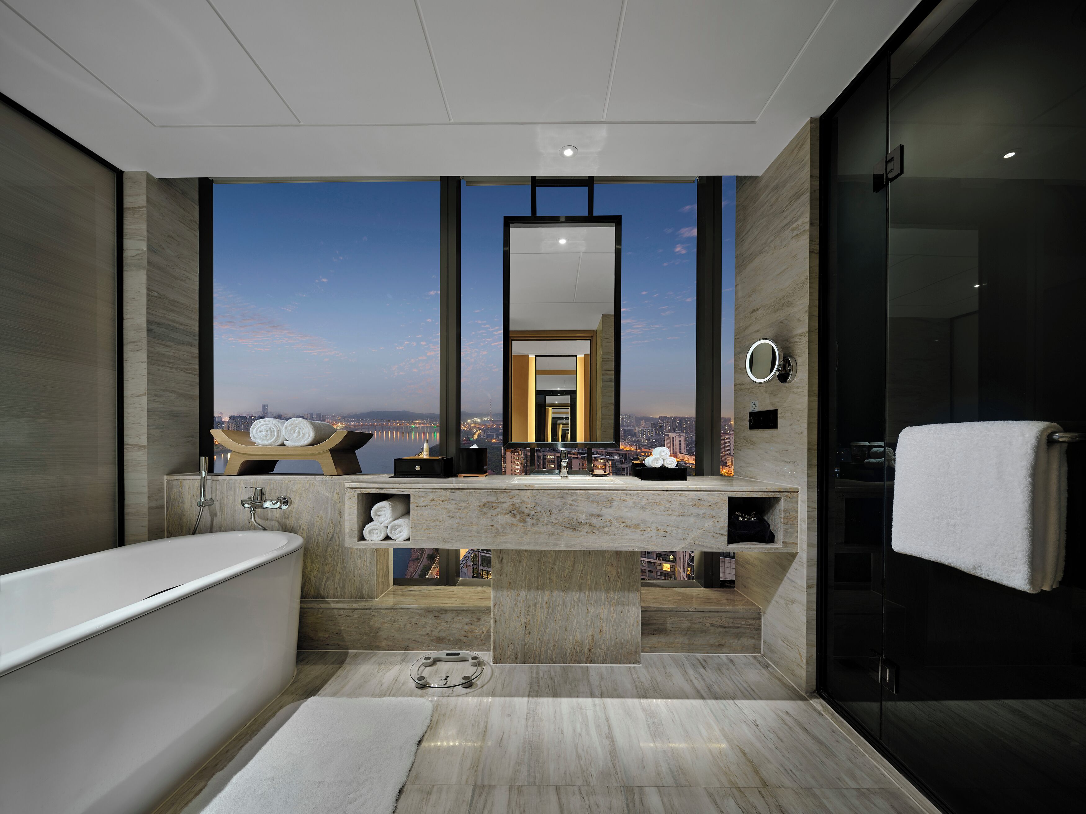 king premium room panorama river view | bathroom | separate bathtub and shower, rainfall showerhead, designer toiletries
