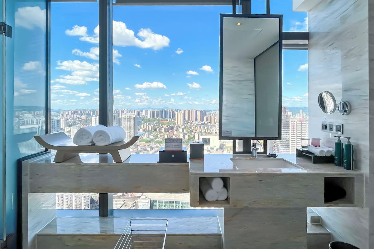 Studio Premium, 1 Tempat Tidur King, pemandangan sungai | Kamar mandi | Bathtub dan shower terpisah dan pancuran hujan