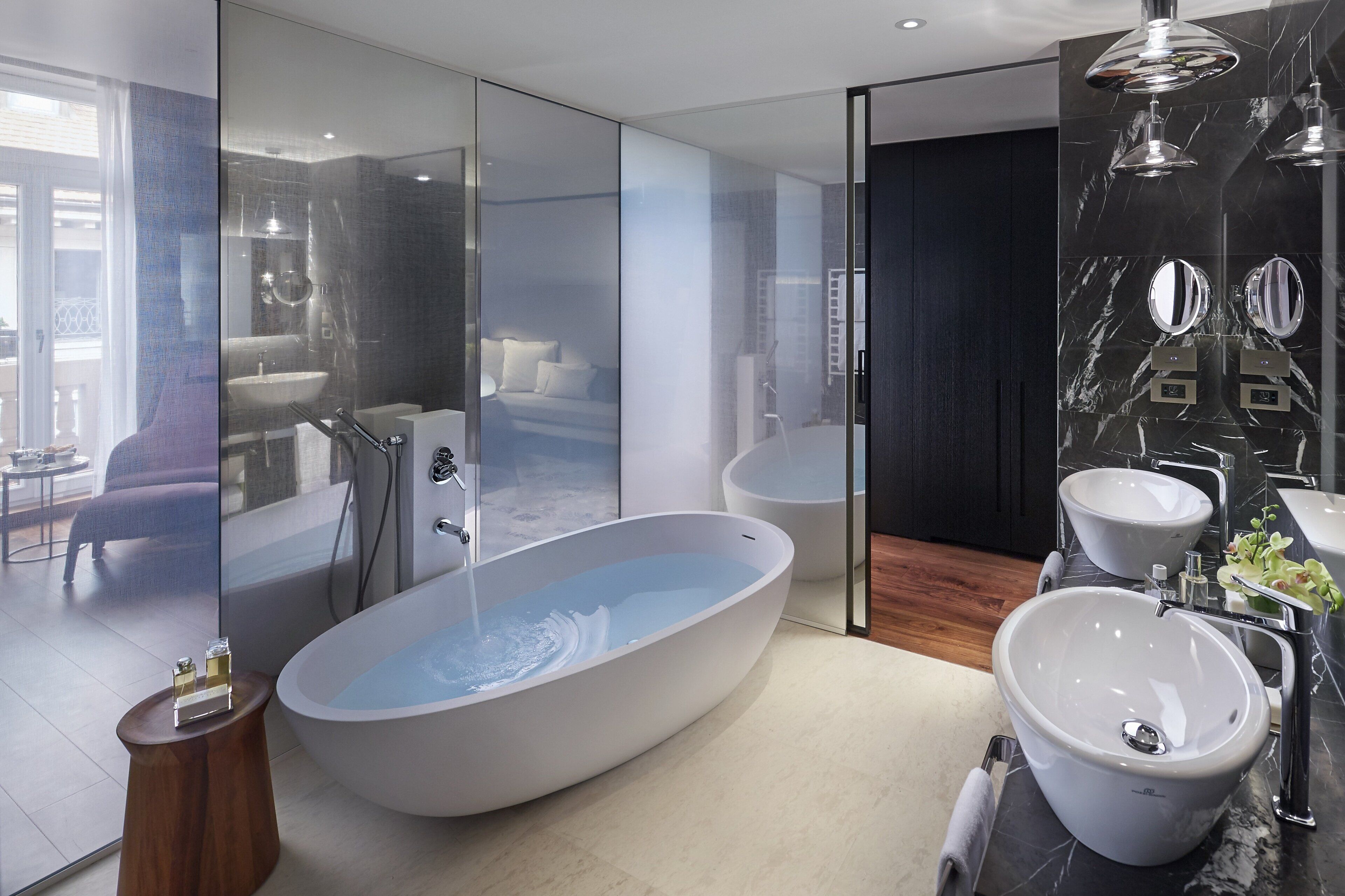 combined shower/bathtub, deep-soaking bathtub, designer toiletries