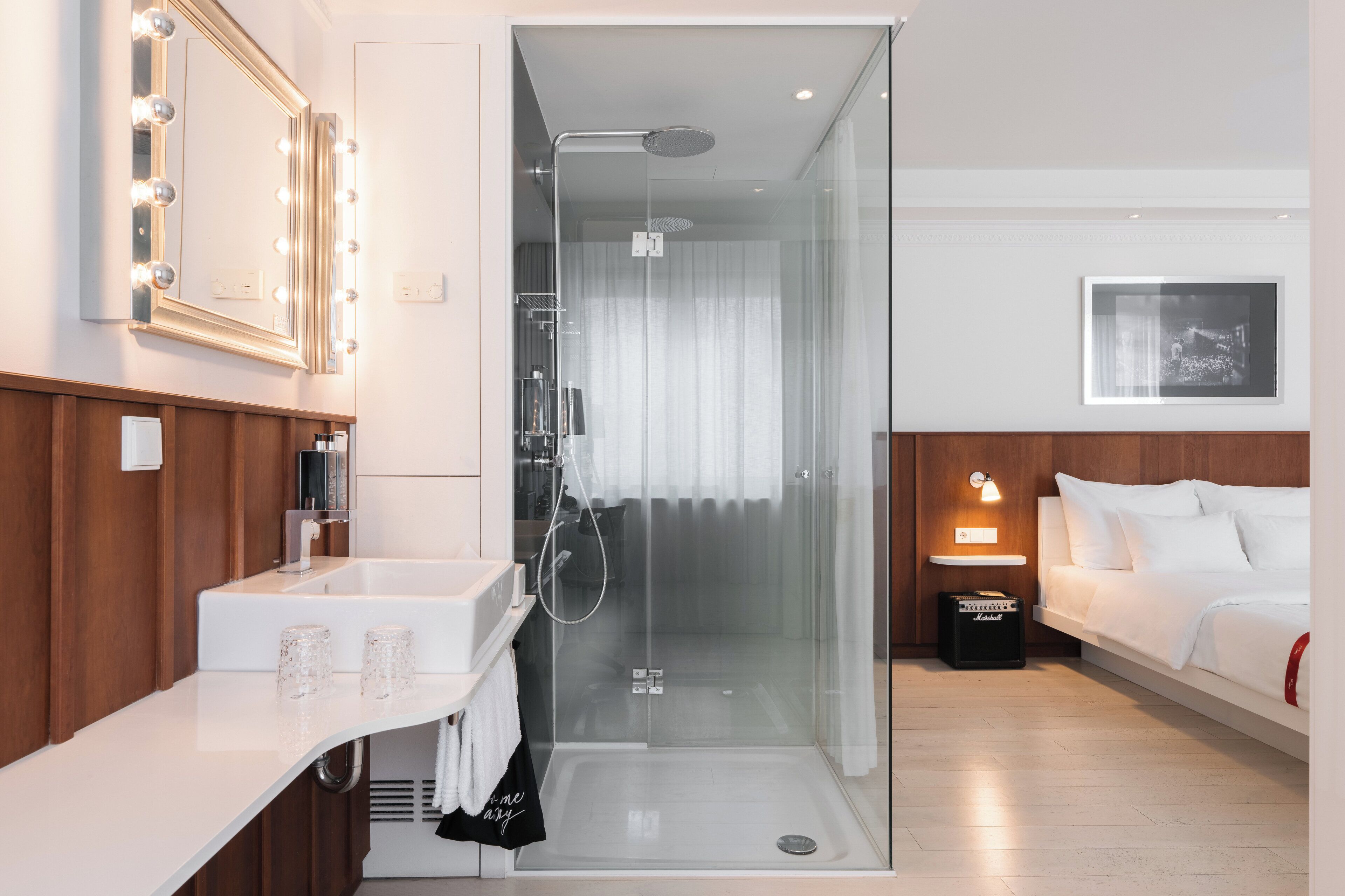 lovely room | bathroom | shower, rainfall showerhead, designer toiletries, hair dryer