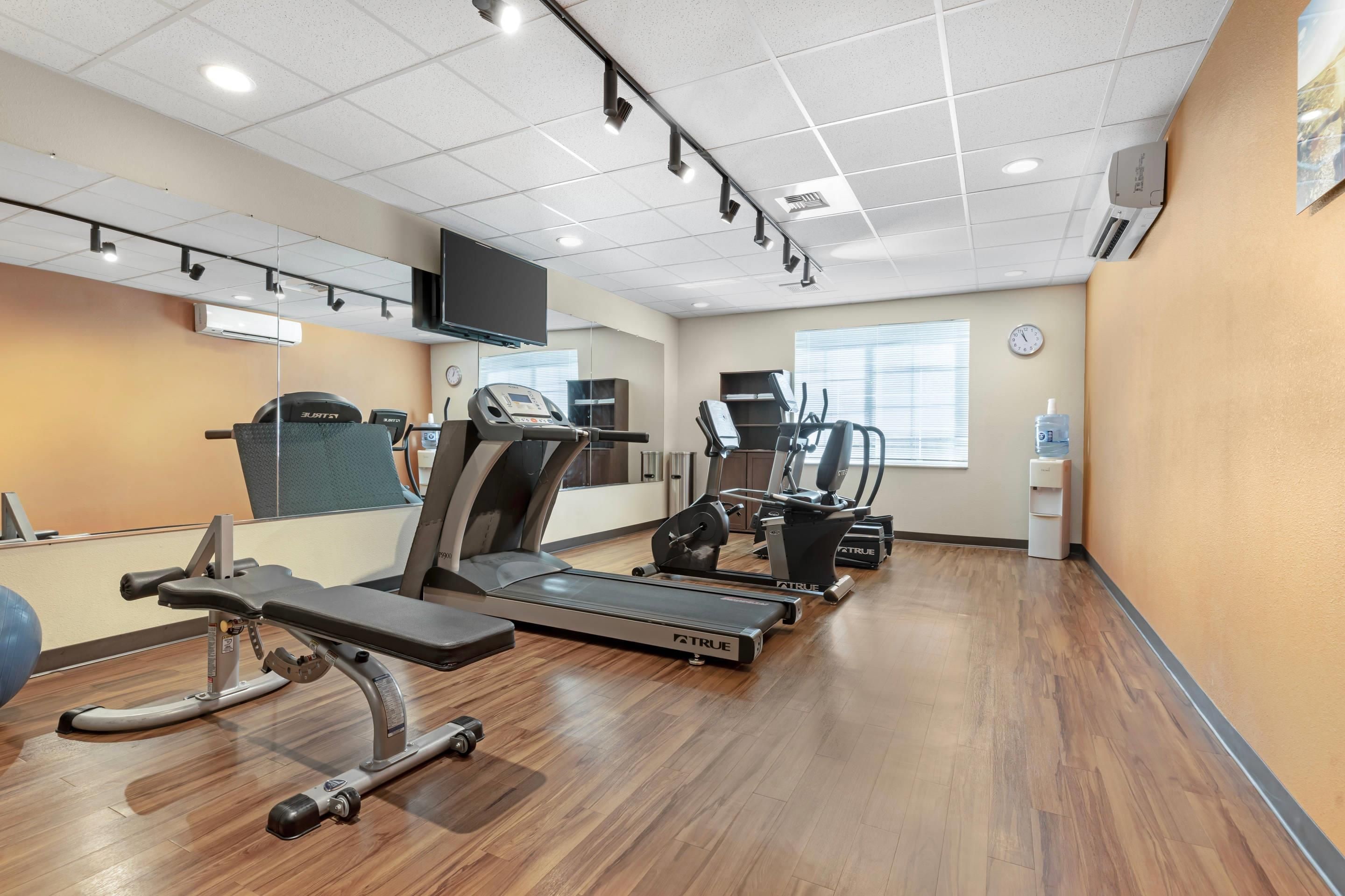 Un gimnasio con cintas de correr, elípticas y una prensa de banca.