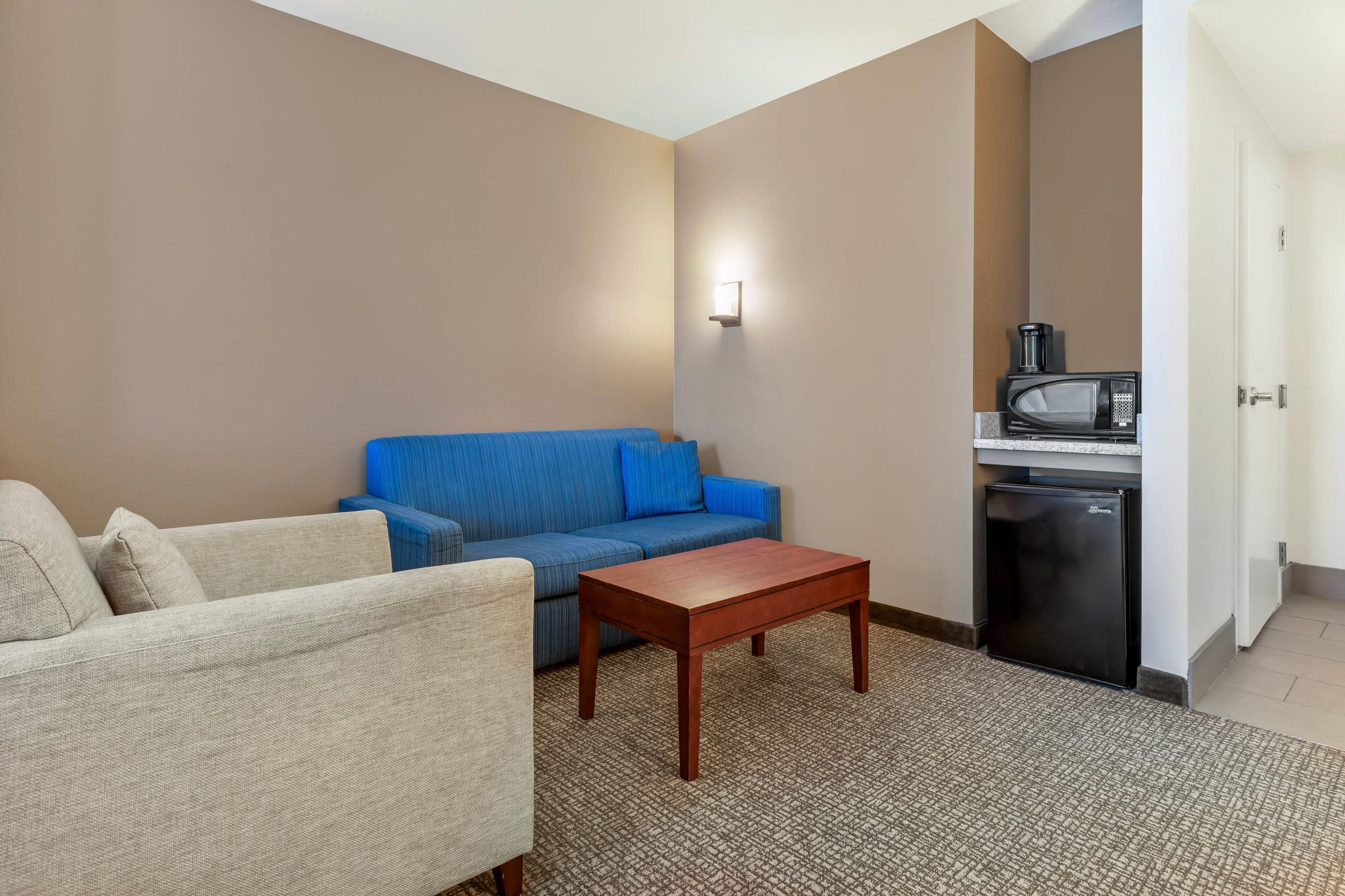 Un espacio habitable compacto con un sofá, un sofá más pequeño, una mesa de centro y una kitchenette con microondas y un refrigerador pequeño.