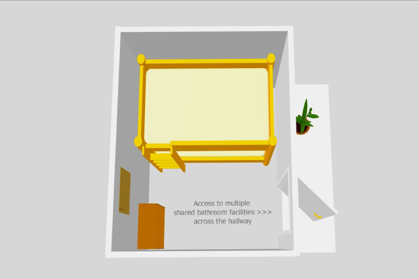 Vue d’ensemble d’une chambre d’hôtel, montrant un lit, une petite plante et un avis indiquant l’accès à plusieurs salles de bain communes situées de l’autre côté du couloir.