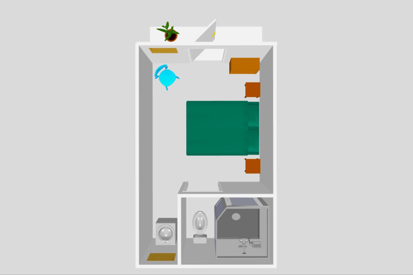 Une pièce comprenant un lit, un bureau, une chaise, une petite table, une plante, une fenêtre et une porte.
