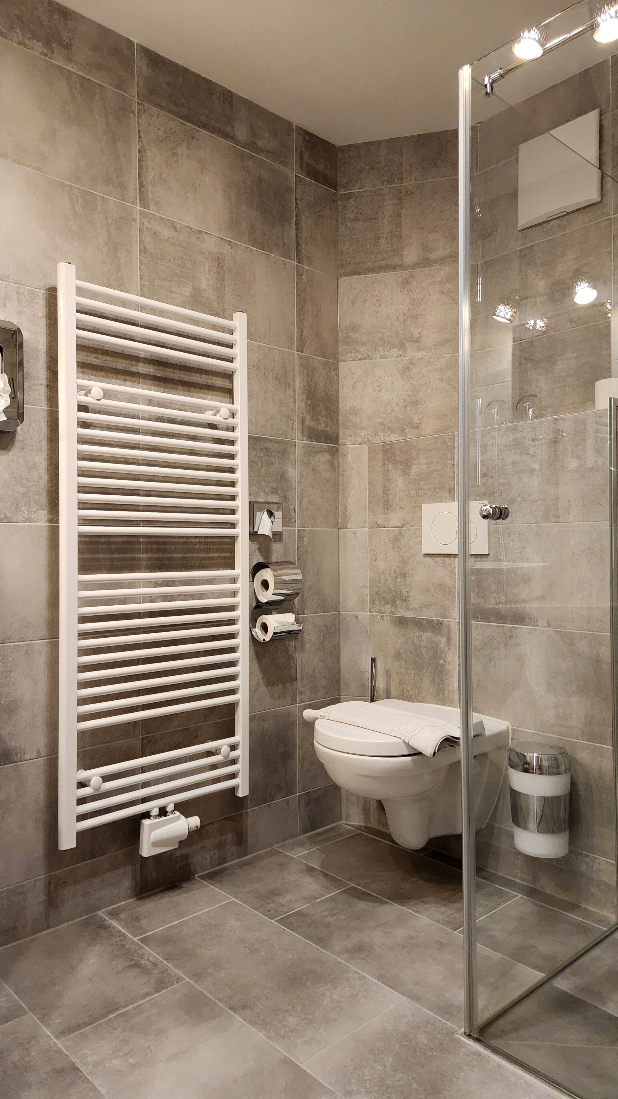 A modern bathroom with a glass shower enclosure, a white toilet, and a towel rack with multiple rolls of toilet paper.