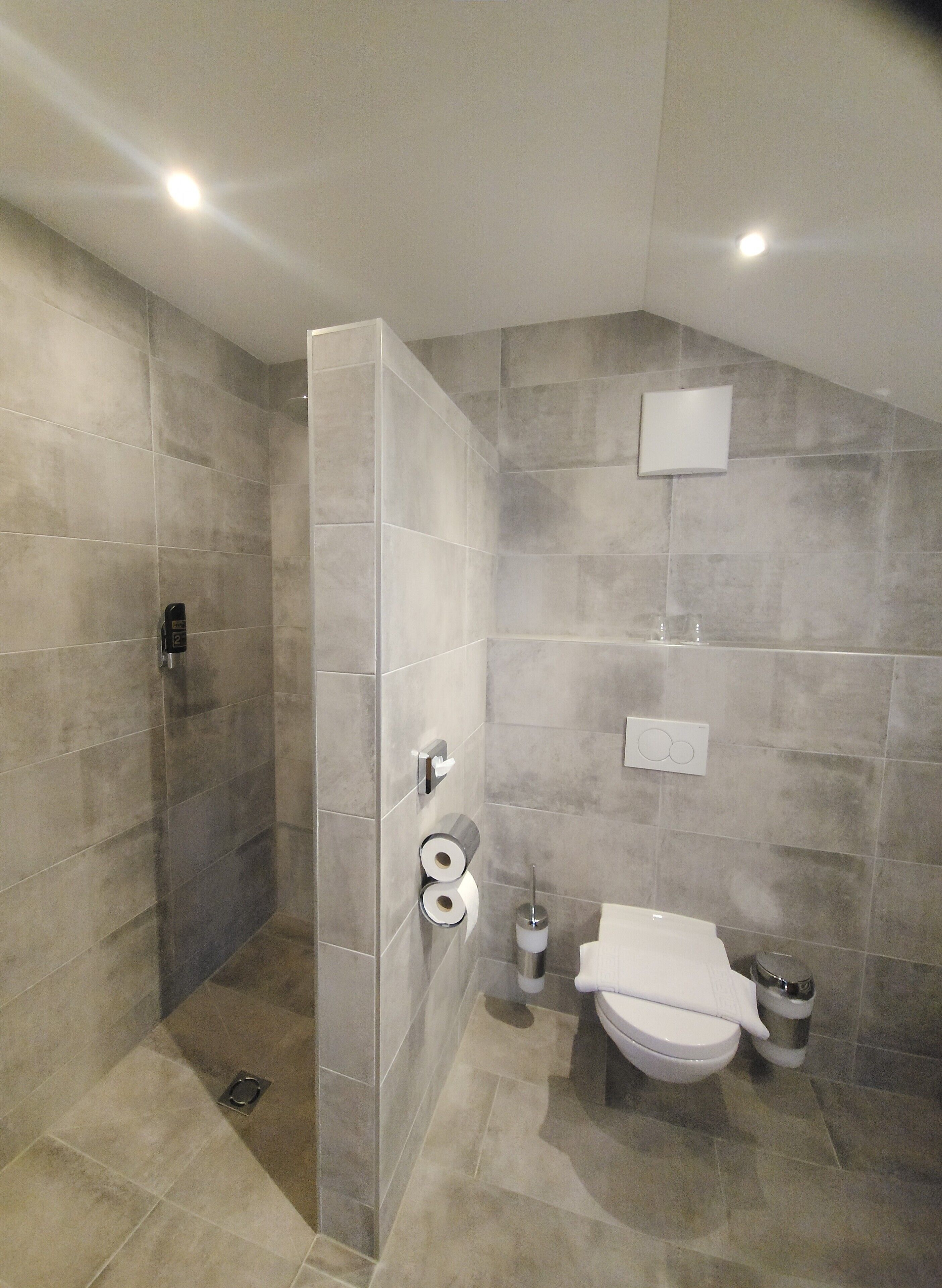 A modern bathroom with a walk-in shower, a toilet, and a bidet.