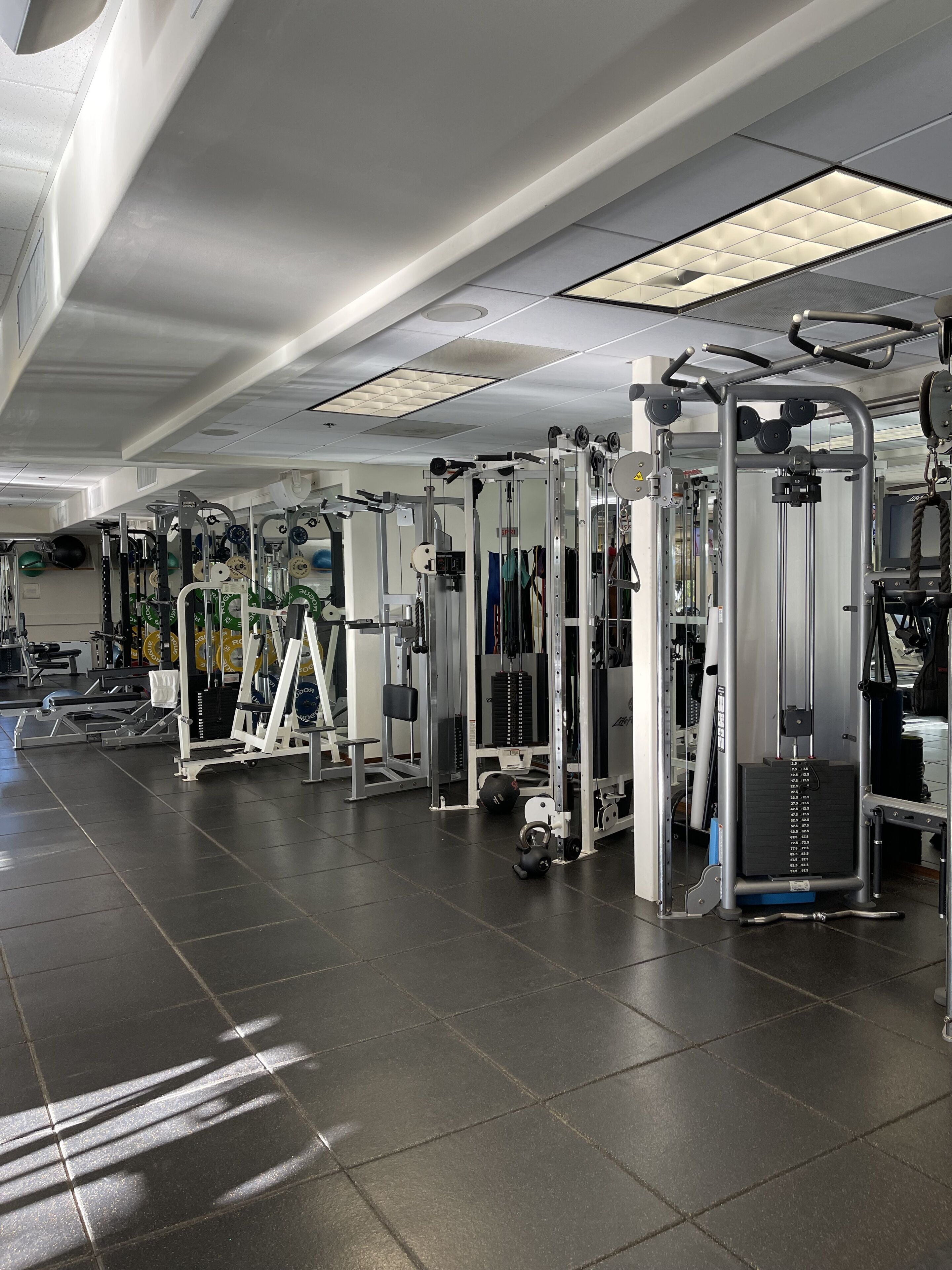 A gym with various weightlifting equipment, a bench, and a treadmill.