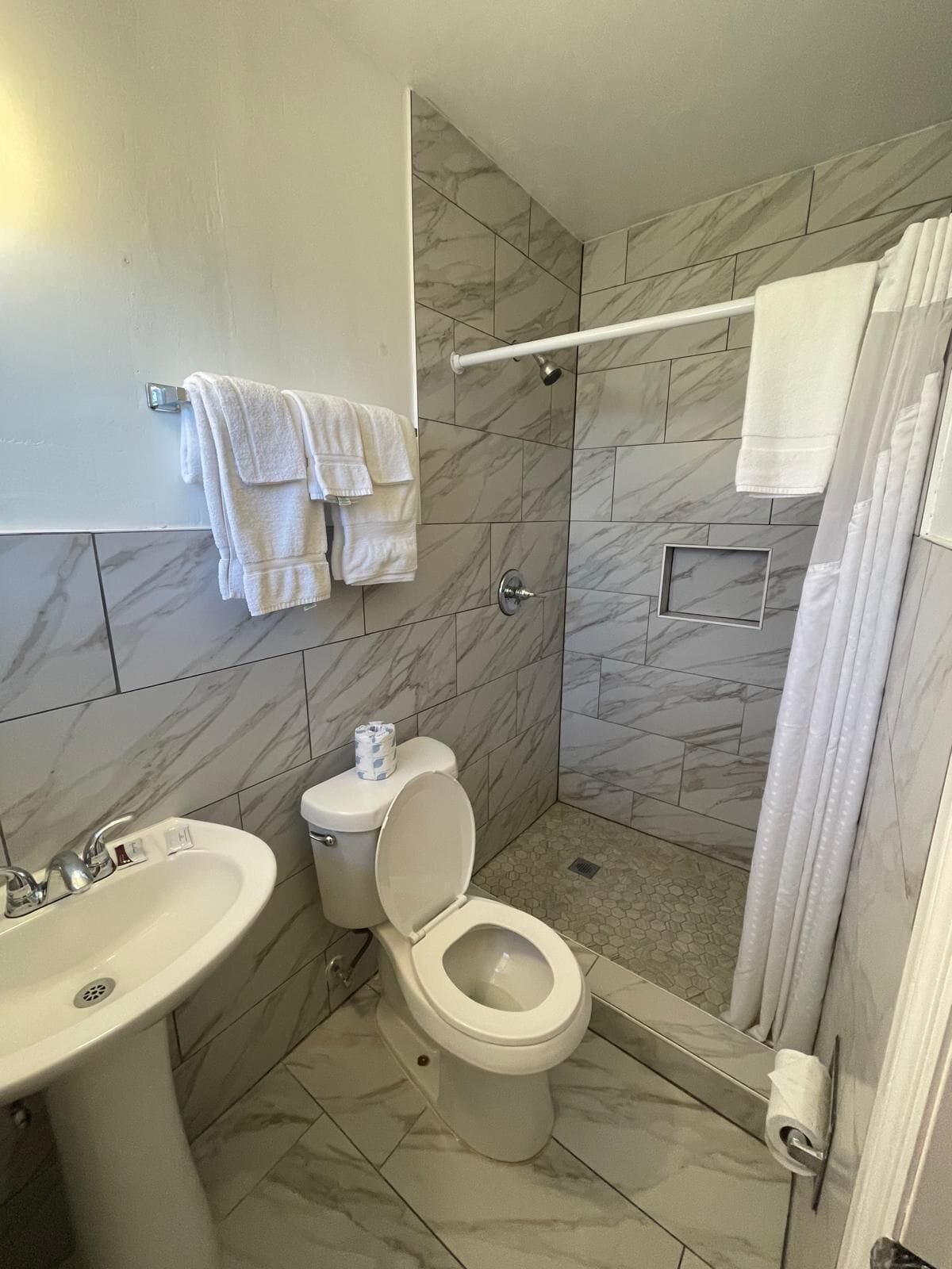 Room, 2 Double Beds, Non Smoking | Bathroom | Shower, free toiletries, towels, soap