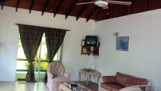 A living room with a ceiling fan, a television on a wooden stand, a pink armchair, a red sofa, and a window with curtains.