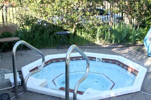 A small outdoor swimming pool with metal ladders, surrounded by greenery and a wooden fence.