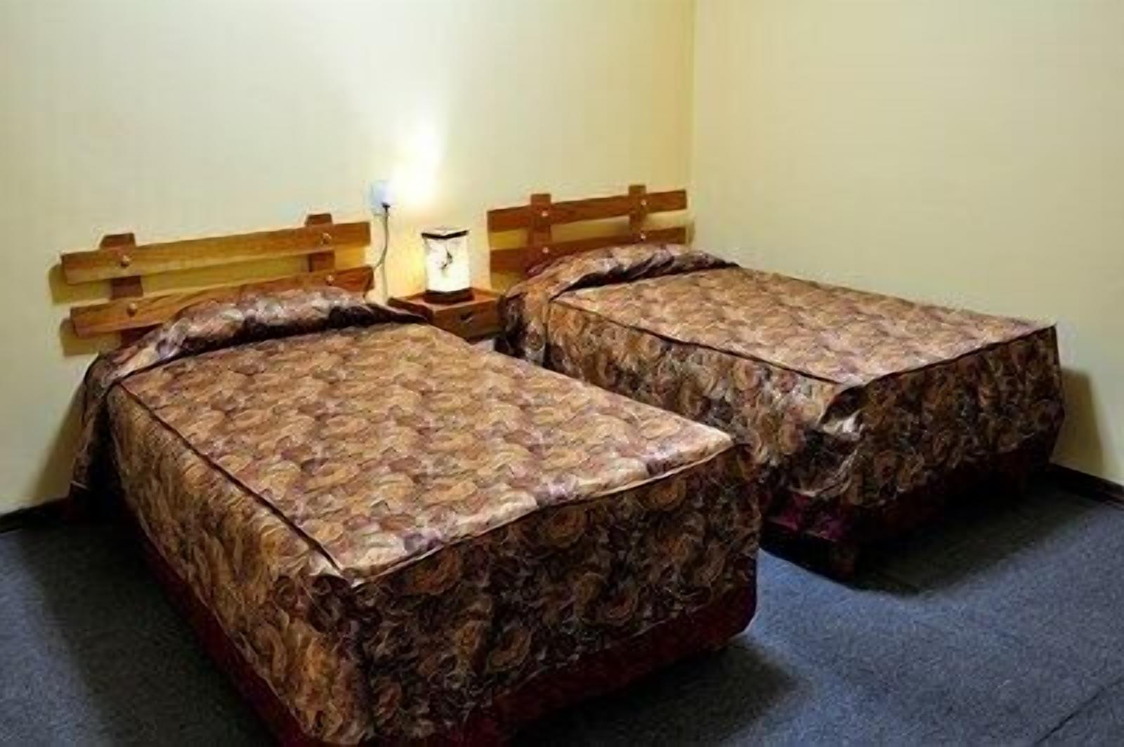 Dos camas individuales con ropa de cama estampada en una habitación con cabecera de madera y lámpara de noche.
