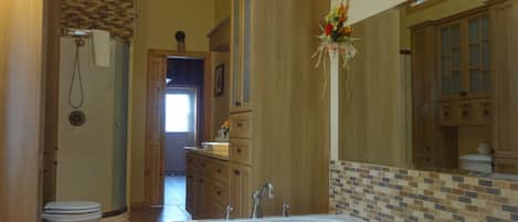 Un baño con bañera, inodoro y ducha.