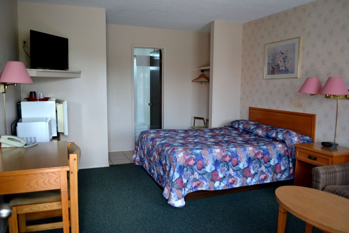 Una habitación de hotel con cama, escritorio, silla, televisión, lámpara y puerta.
