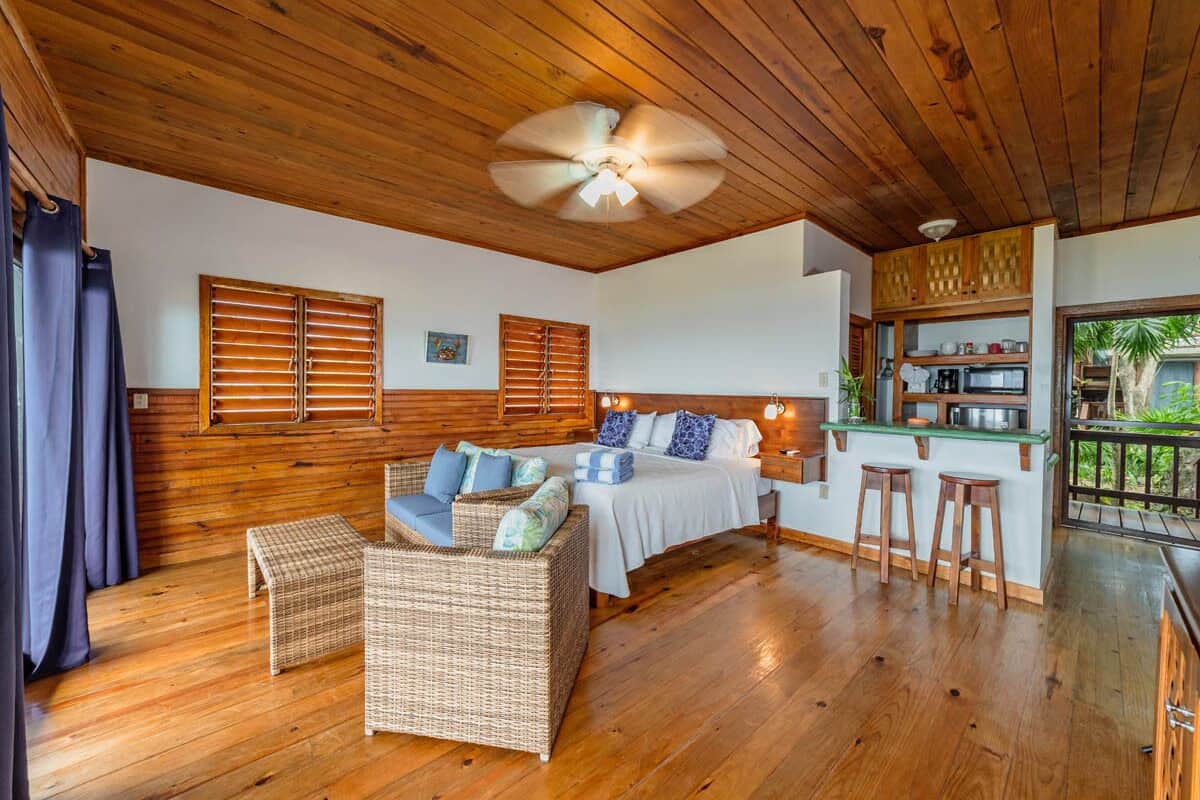 Una habitación amplia con techo de madera, una cama con almohadas, un sofá de mimbre, una zona de bar con taburetes y vistas a zonas verdes.