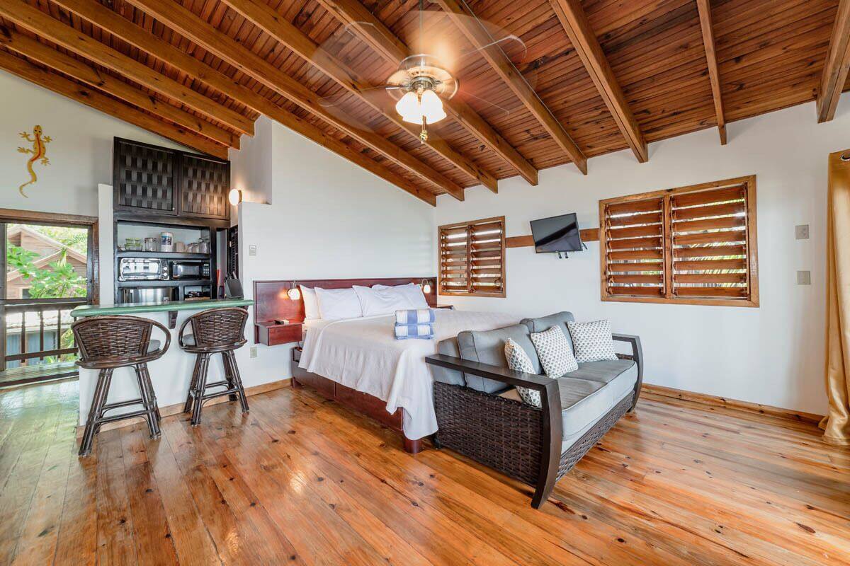 Un dormitorio con cama, un sofá, una zona de comedor con mesa y sillas, y una cocina.