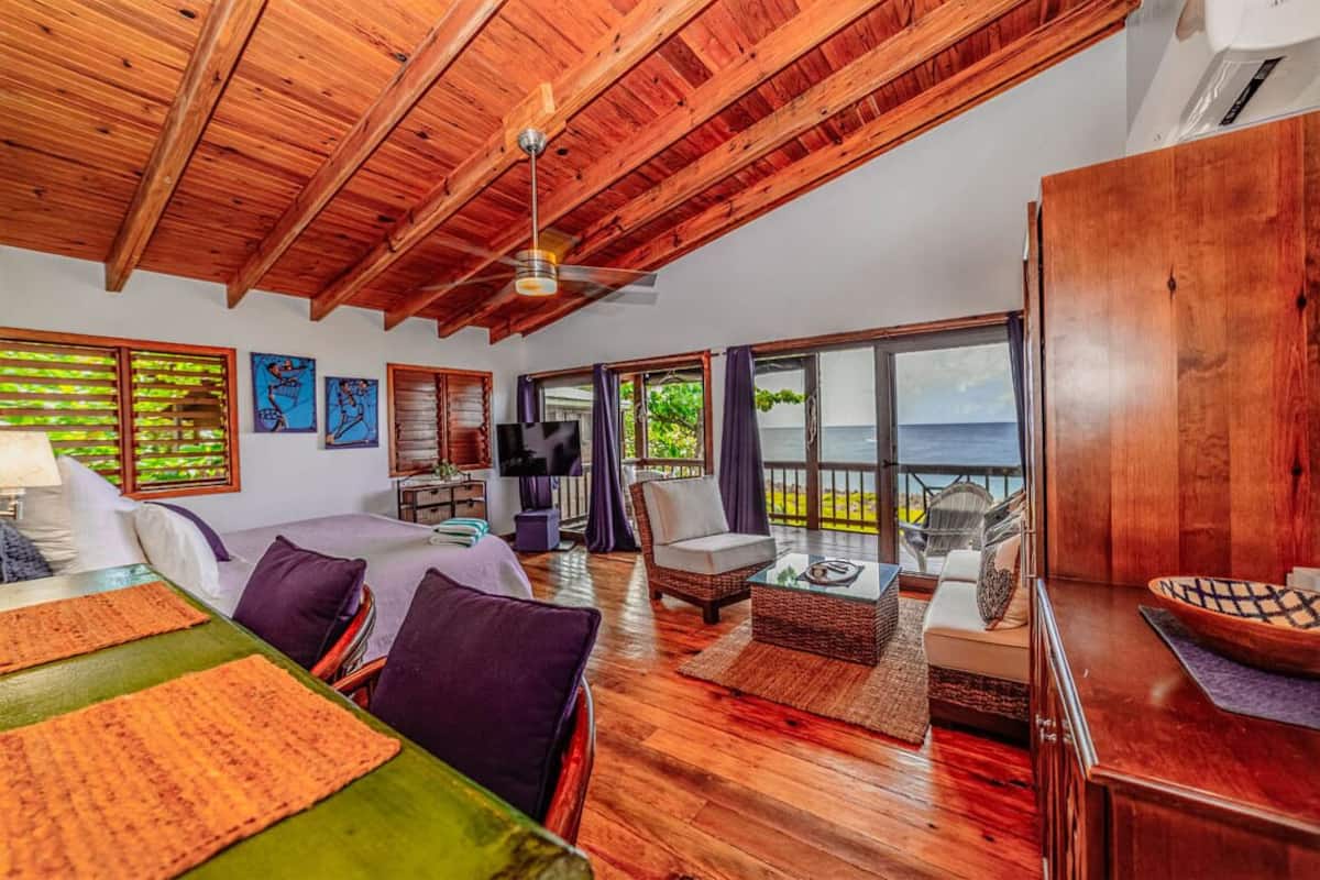 Una habitación amplia con techo de madera, una cama, un sofá, un televisor y vista al mar.