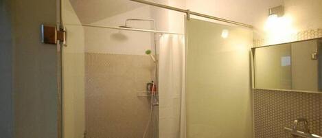 A bathroom with a glass-enclosed shower, a sink, and a mirror.