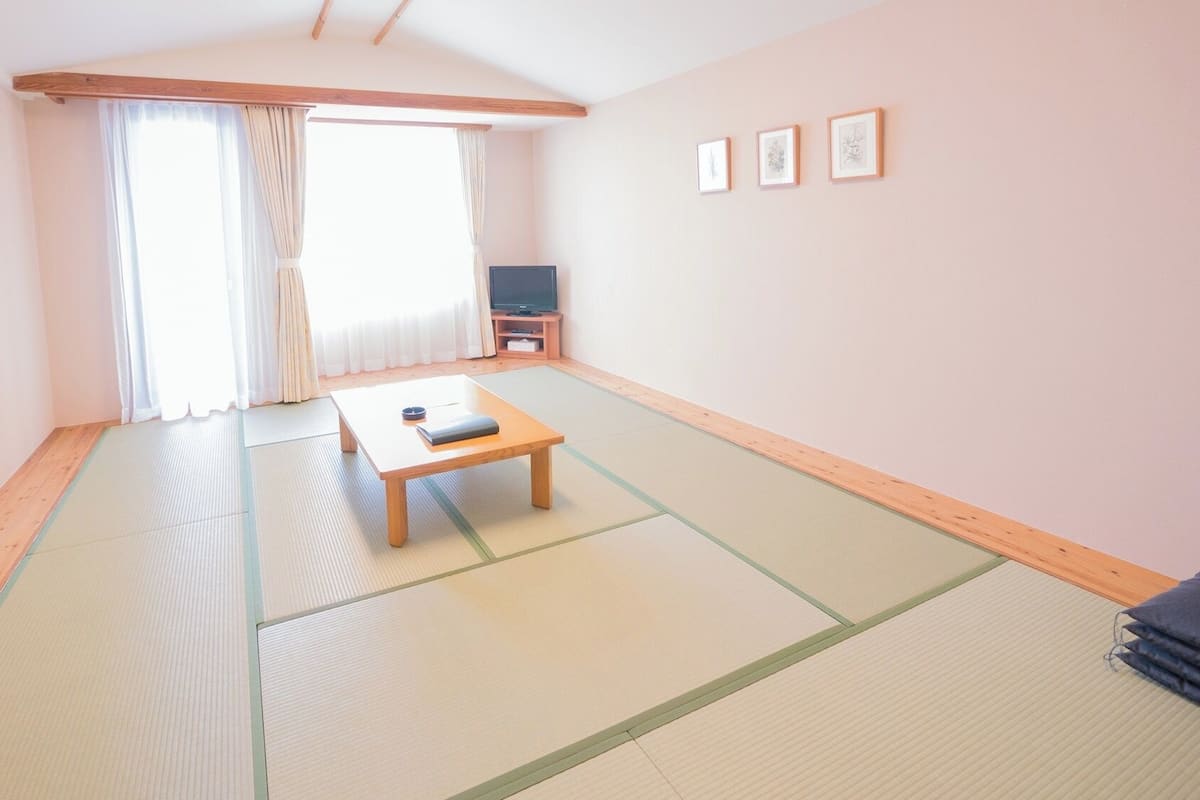 Une pièce avec un sol recouvert de tatamis, une petite table en bois, un téléviseur et une fenêtre avec des rideaux.