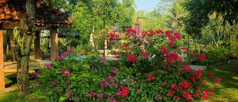 Un jardín con un pabellón, follaje exuberante y plantas en flor.