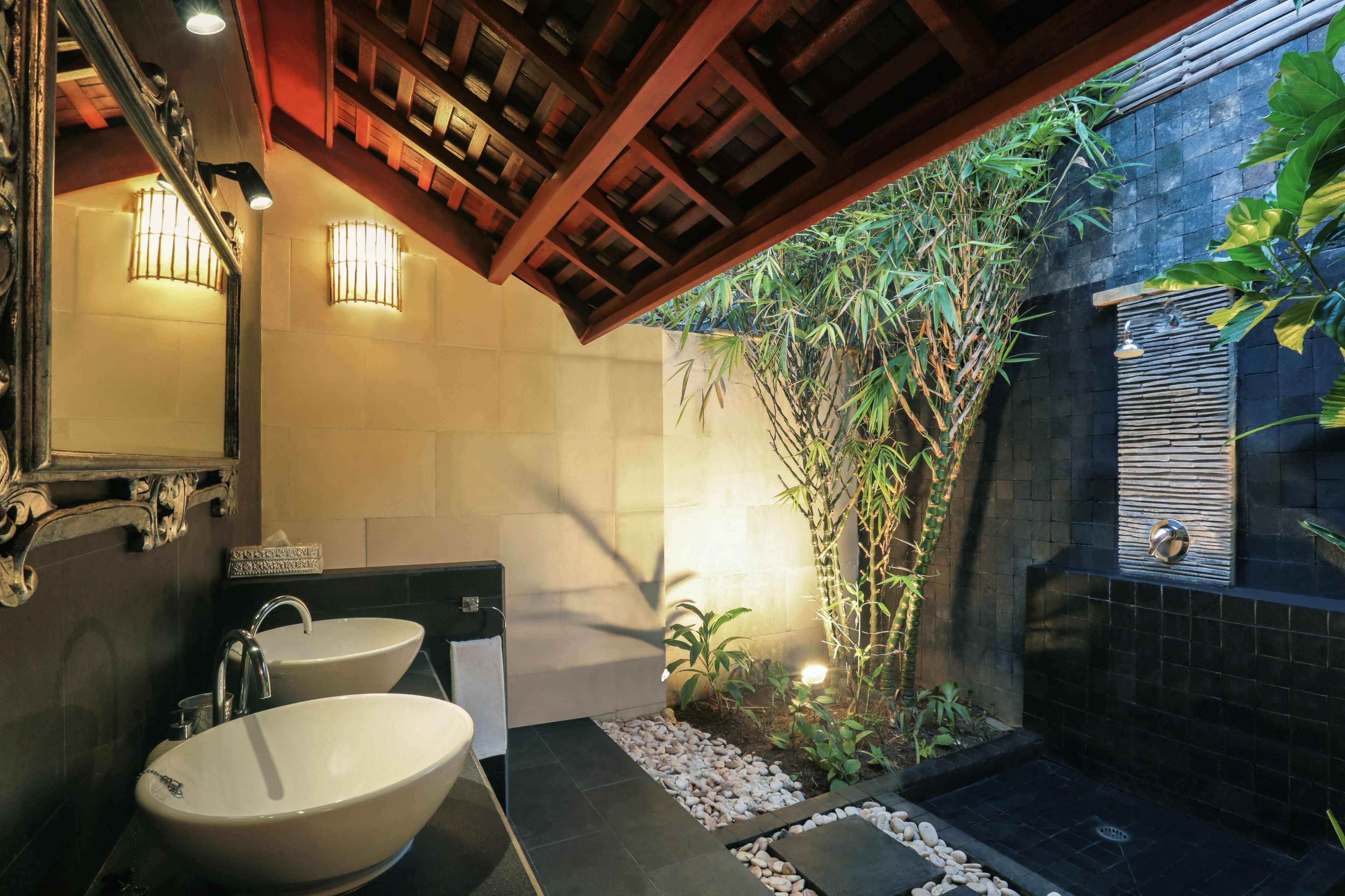 garden villa room | bathroom | shower, free toiletries, hair dryer, bathrobes