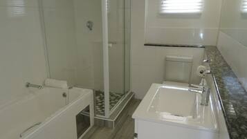 A modern bathroom with a glass-enclosed shower, a bathtub, and a sink.