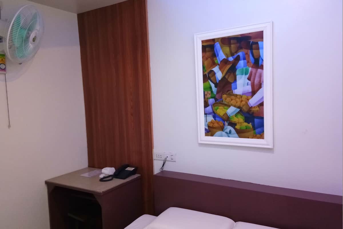 fan room | desk, blackout curtains