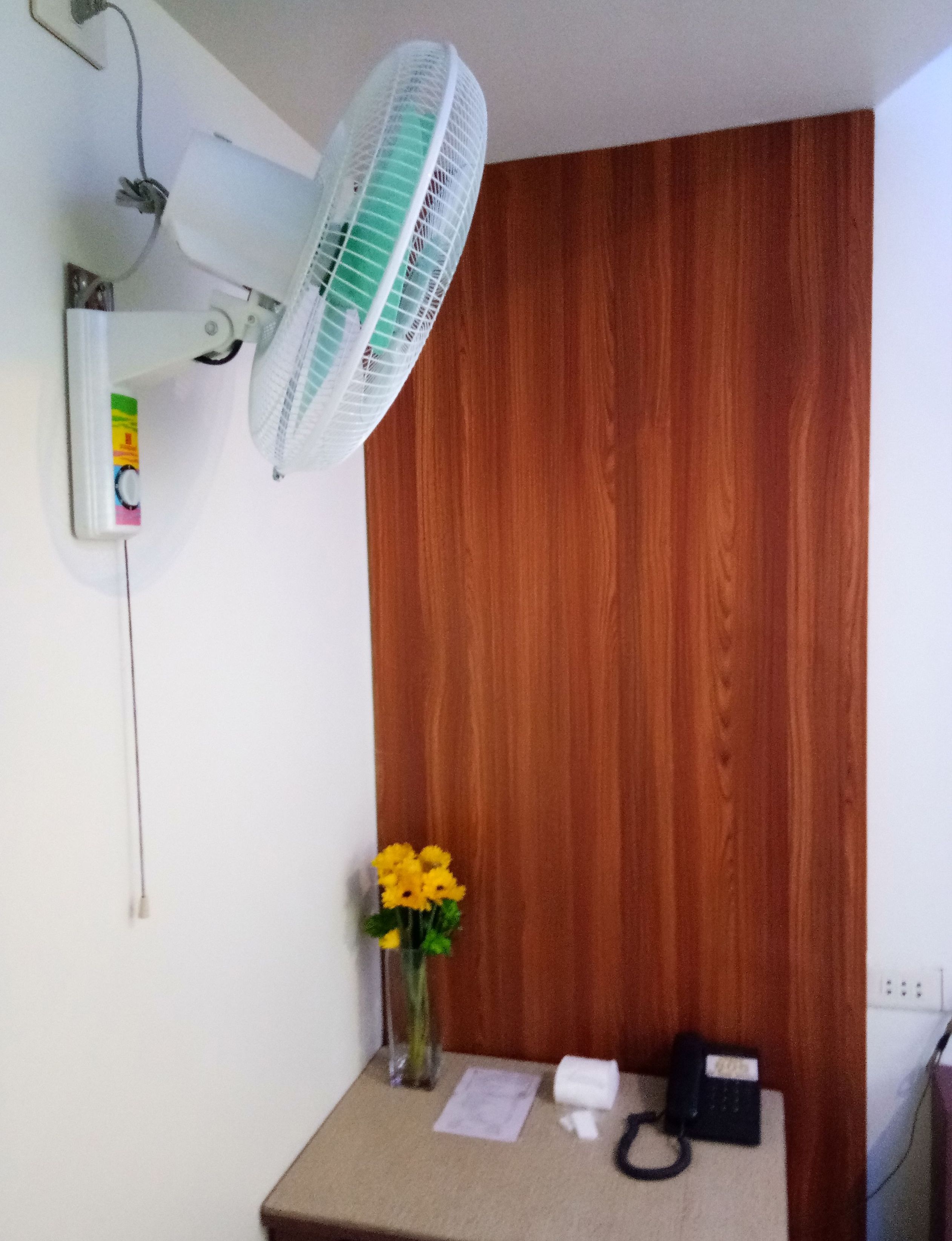 fan room | desk, blackout curtains