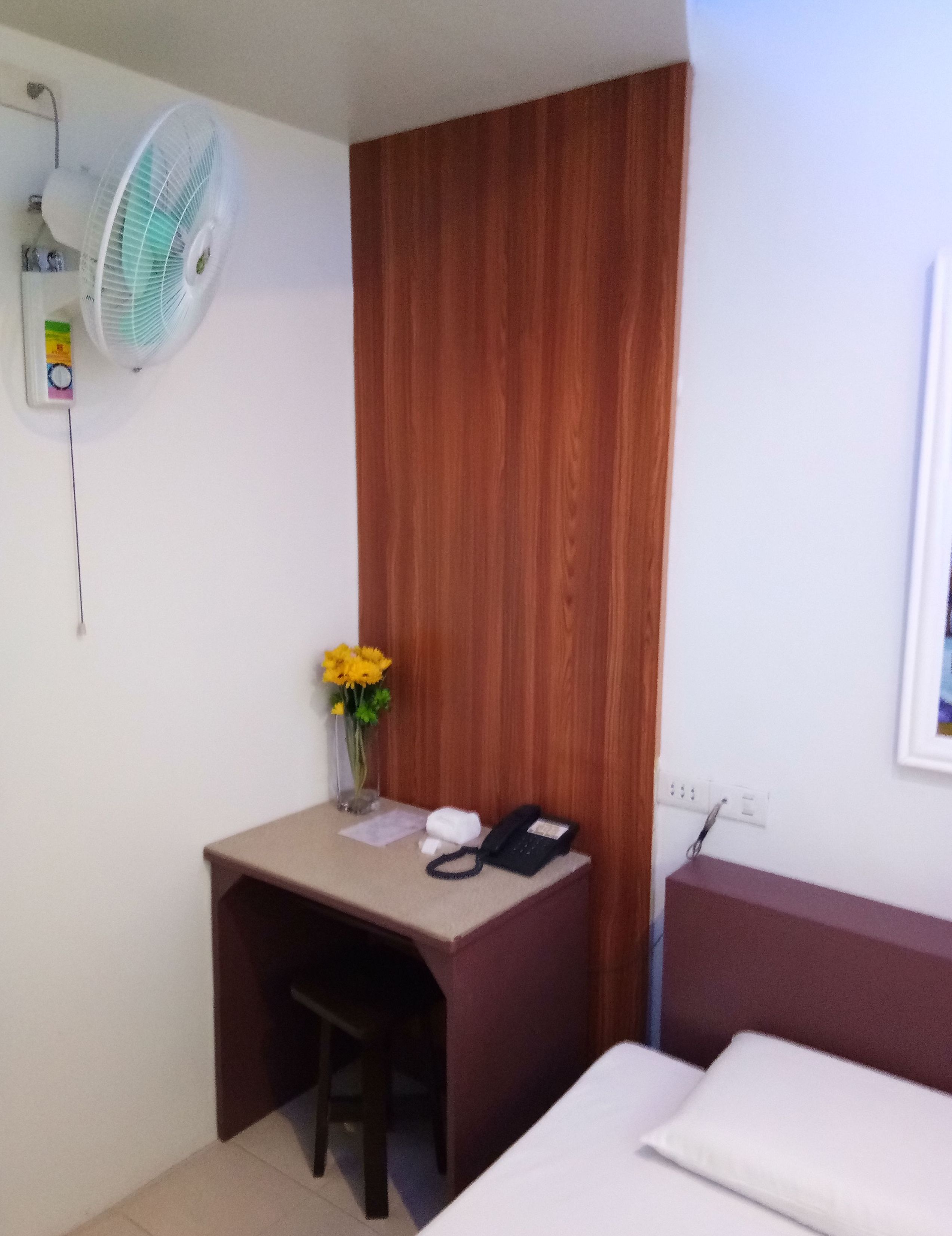 fan room | desk, blackout curtains